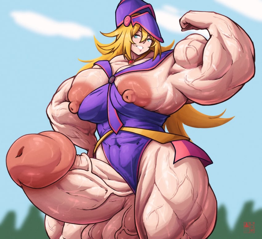 abs alternate_muscle_size dark_magician_girl female flexing futanari huge_breasts muscular muscular_futa roneesan yu-gi-oh!
