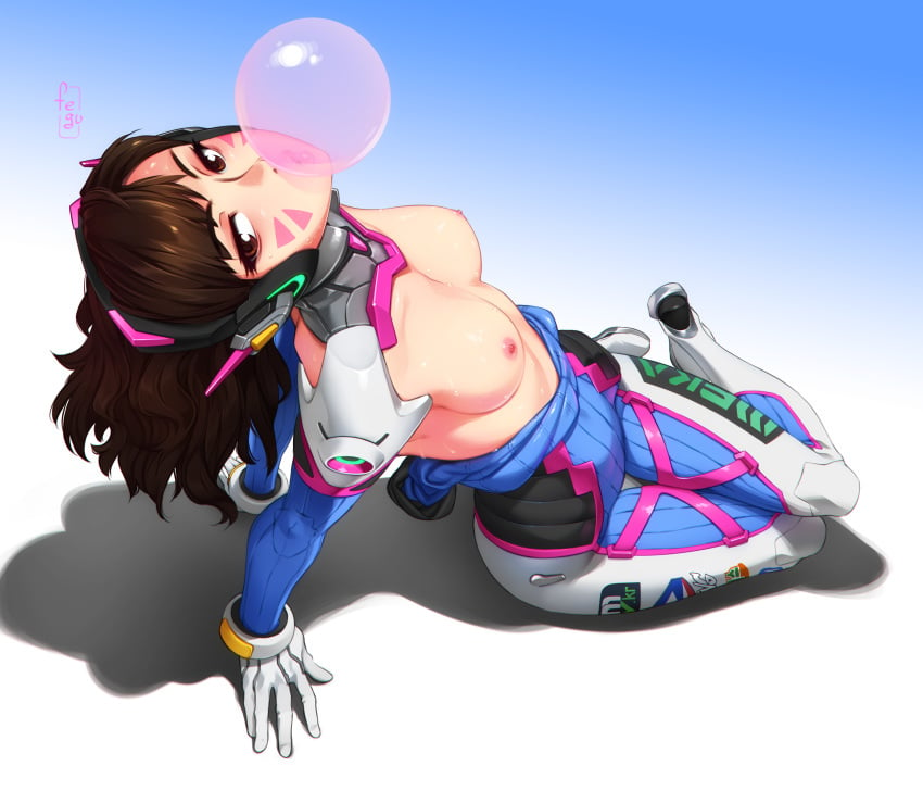 1girls absurdres areolae arm_support bangs blizzard_entertainment blue_background bodysuit breasts brown_eyes brown_hair bubblegum d.va facepaint facial_markings feguimel female female_only from_above full_body gloves gradient_background headgear headphones highres human leaning_back long_hair looking_at_viewer looking_up medium_breasts nipples open_clothes overwatch perspective pilot_suit shadow shoulder_pads signature simple_background sitting skin_tight solo sweat thigh_gap whisker_markings white_gloves