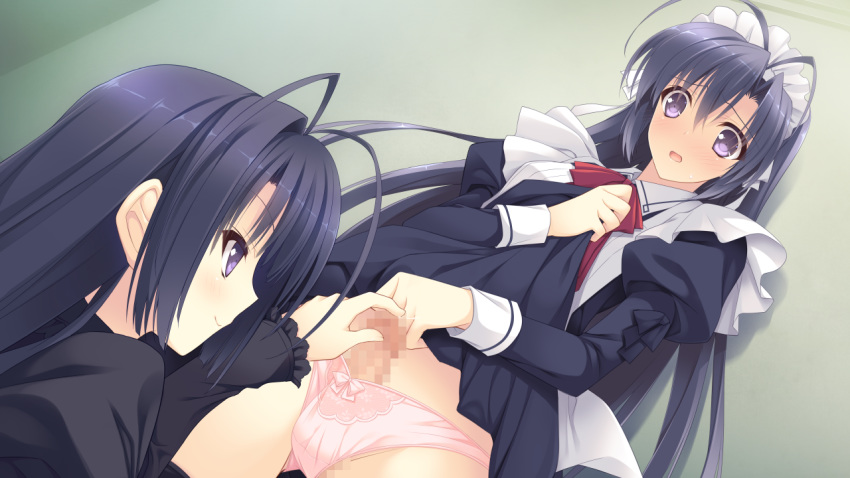 1boy 1girls antenna_hair black_dress blue_dress blue_eyes blue_hair blush bow bow_panties brother_and_sister bulge censored crossdressing dress dress_lift dutch_angle embarrassed erection female femboy femboy_on_female game_cg hetero incest indoors juliet_sleeves kokura_asahi lifted_by_self long_hair long_sleeves looking_at_penis maid maid_headdress male male/female mosaic_censoring necktie ookura_risona open_mouth otome_riron_to_sono_shuuhen:_ecole_de_paris panties penis penis_grab penis_in_panties pink_panties puffy_sleeves red_necktie siblings smile straight suzuhira_hiro sweatdrop trap underwear