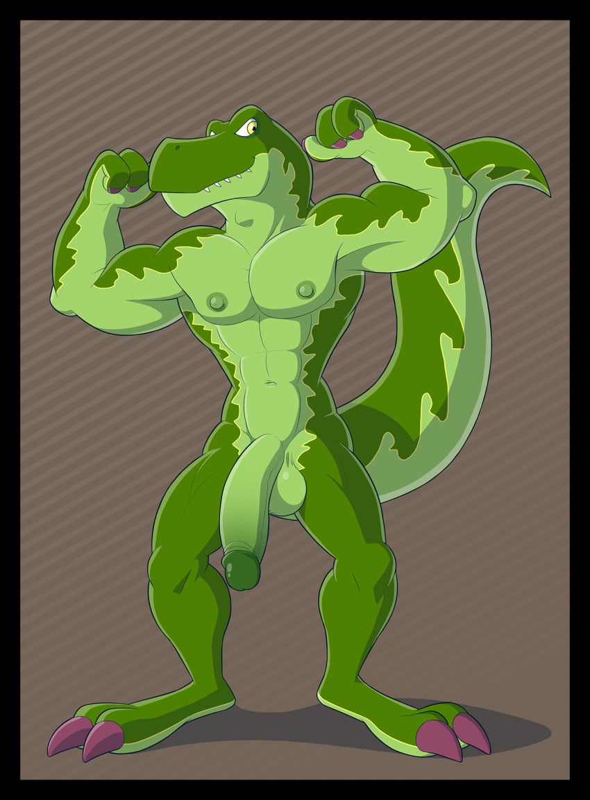 abs anthro anti_dev athletic balls biceps big_penis biped black_border border claws dinosaur flexing fur furry furry_only gay green_balls green_nipples green_penis green_skin half-erect hi_res humanoid_penis kane_(kfdp) kung_fu_dino_posse male male_on_male male_only muscular muscular_male nipples nude pecs penis reptile scalie simple_background smile solo standing teeth theropod toe_claws tyrannosaurus_rex yaoi yellow_eyes