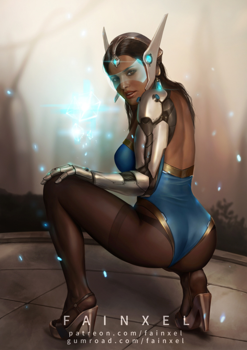 2d ass breasts cleavage dark-skinned_female dark_skin fainxel female female_only high_heels looking_at_viewer looking_back open_toe_shoes overwatch robotic_arm solo squatting symmetra url