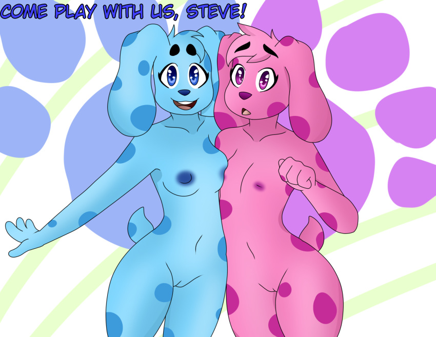 2018 anthro anthrofied blue's_clues blue_(blue's_clues) blue_eyes breasts canine digital_media_(artwork) duo female female_focus female_only flat_chested hi_res looking_at_viewer magenta_(blue's_clues) mammal mcfly0crash nickelodeon nipples nude open_mouth pussy simple_background small_breasts smile text thick_thighs thighs voluptuous wide_hips