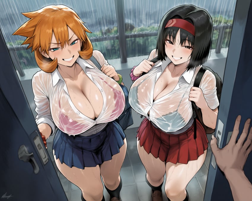kasumi_(pokemon) misty_(pokemon_hgss) pokemon erika_(pokemon) ai_generated bag bangs black_bra black_clothes black_legwear black_socks black_underwear blue_bra blue_skirt blue_underwear bra bra_visible_through_clothes clothing collared_shirt dress_shirt footwear hairband headwear legwear miniskirt pink_bra pink_clothing pink_underwear pleated_skirt red_hairband red_skirt school_uniform scrunchie see-through see-through_shirt shirt skirt socks underwear uniform wet_clothes wet_shirt white_shirt wrist_scrunchie black_eyes black_hair blue_eyes blush breasts busty cleavage female grin huge_breasts large_breasts male medium_hair orange_hair short_hair thick_thighs thighs smile standing looking_at_viewer opening_door door open_door school_bag bodily_fluids rain sweat wet 1boy 2girls doorway multiple_girls outdoors pov_doorway pov_hands