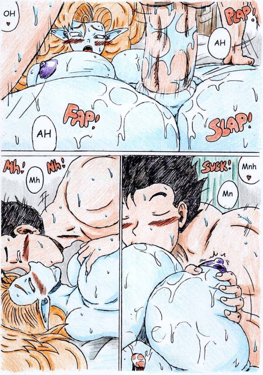 1boy 1girls alien_girl big_breasts breasts color dragon_ball_z dragon_ball_z:_bojack_unbound dragon_ball_z_silver_age grabbing_breasts kissing kissing_while_penetrated missionary_position penetration pointy_ears sex son_gohan thewritefiction zangya