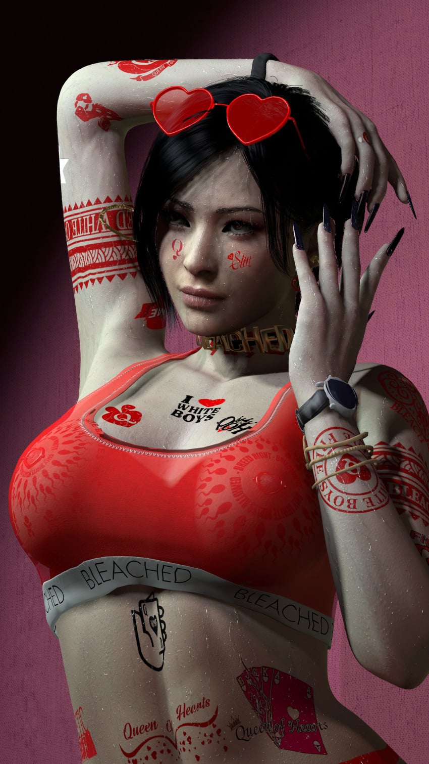 ada_wong arms_up ass ass_focus barefoot bikini black_hair black_nails bleached bleached_clothing bleaching_pov body_writing breasts breasts_out choker cleavage collar curvy curvy_female curvy_figure earrings feet female hand_behind_head heart_earrings heart_glasses heart_sunglasses hoop_earrings lingerie looking_at_viewer nipples_visible_through_clothing painted_nails pinup pose posing qoh queen_of_hearts queen_of_hearts_earrings queen_of_hearts_necklace queen_of_hearts_tattoo red_lingerie red_sunglassesbreast_focus resident_evil resident_evil_4 ripped_clothing round_ass seductive shiny_skin short_hair smile soles solo solo_female sports_bra sweat tagme tattoos tattoos_everywhere underboob wet_skin