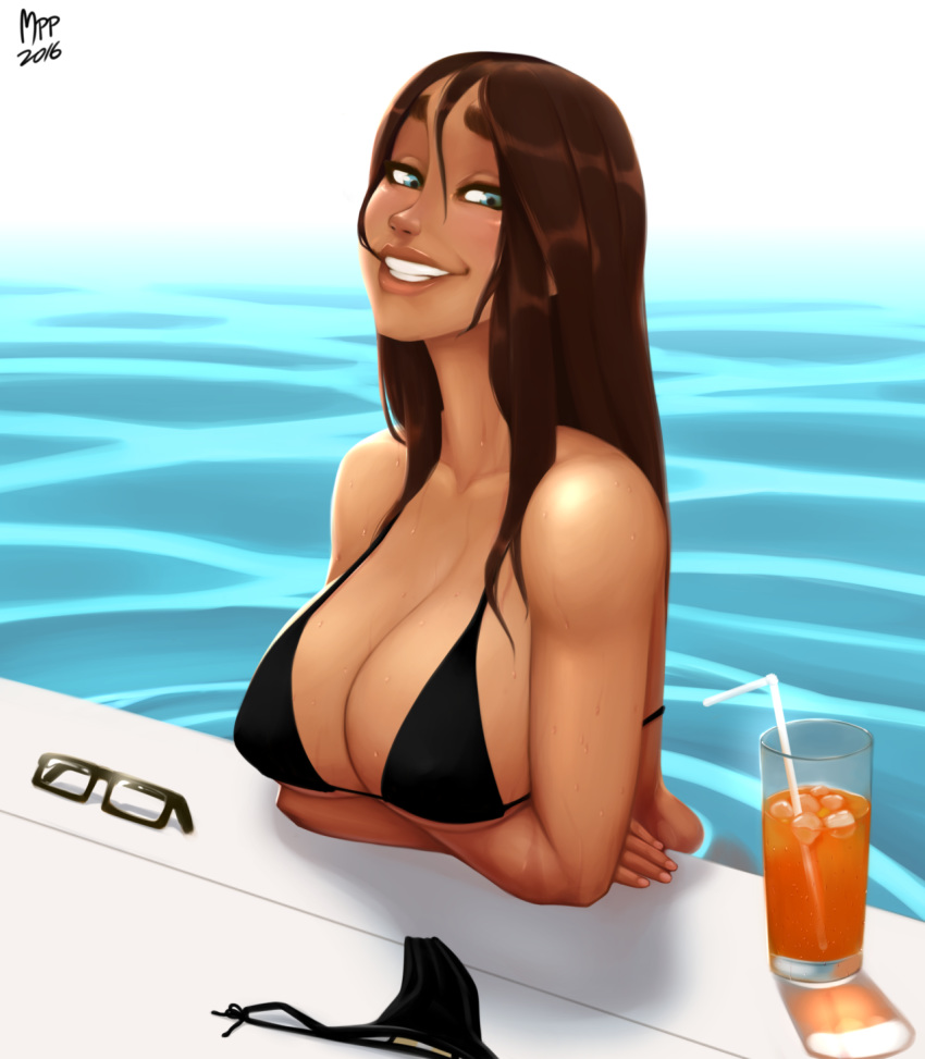 areolae big_breasts bikini blue_eyes breasts brown_hair dark-skinned_female dark_skin emily_(mrpotatoparty) female female_only glasses grin large_breasts looking_at_viewer mrpotatoparty nipples original original_character pool smile solo wet