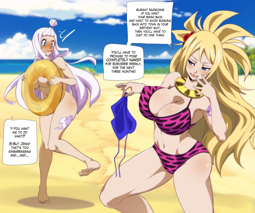 assisted_exposure beach bikini bikini_bottom bikini_top breasts embarrassed embarrassed_nude_female english_text fairy_tail female herchi jenny_realight mirajane_strauss stripped stripped_naked
