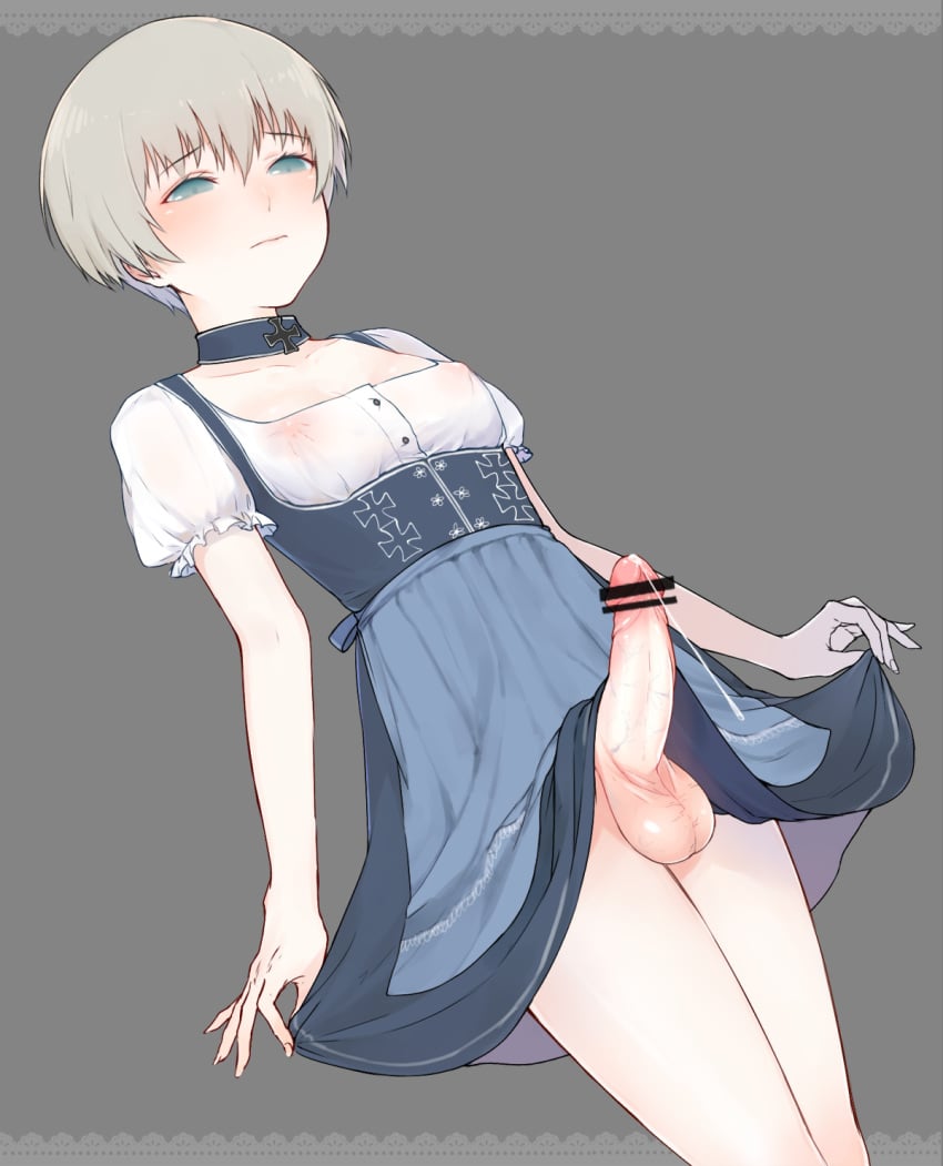 1boy apron areola balls bar_censor blonde_hair blue_eyes blue_skirt blush censored choker closed_mouth collarbone commentary_request cross_print crossdressing cumdrip dirndl dutch_angle embarrassed erect_nipples erection erection_under_clothes erection_under_skirt frilled_sleeves frills from_below frown german_clothes grey_background half-closed_eyes high-waist_skirt highres iron_cross kantai_collection light_frown looking_down male male_only nipple_bulge nipples no_bra no_panties penis penis_out penis_under_clothes penis_under_skirt precum precum_drip puffy_short_sleeves puffy_sleeves shirt short_hair short_sleeves simple_background skirt skirt_hold skirt_lift solo standing suspenders thighs thy456 tracht trap veins veiny_penis very_short_hair waist_apron white_apron white_shirt z1_leberecht_maass_(kantai_collection)