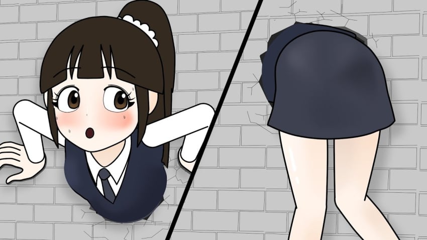brown_eyes brown_hair lia_(kieaker) skirt stuck_in_wall
