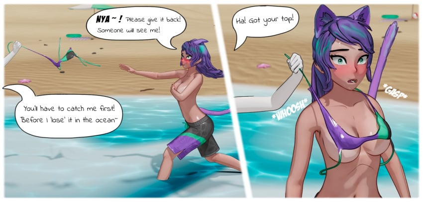 assisted_exposure beach bikini breasts cat_ears cat_tail comic embarrassed enf_bee english_text female lila_(enf_bee) text
