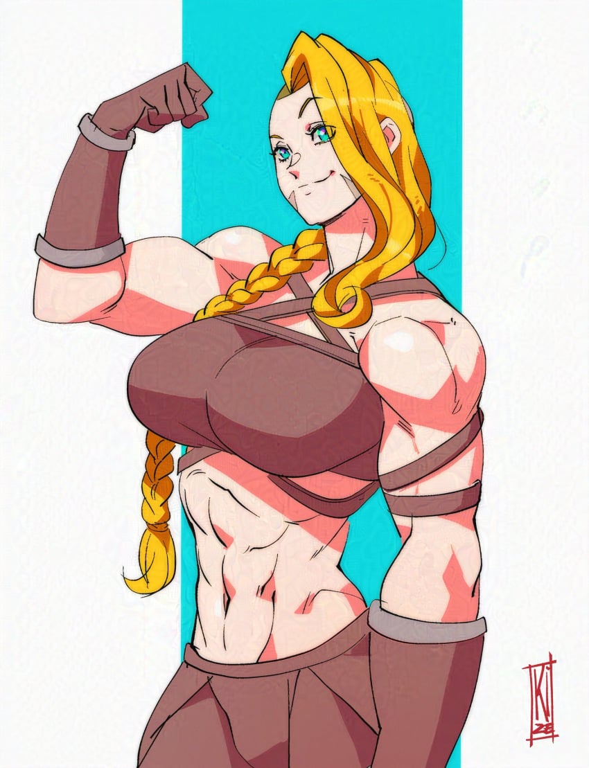 1girls abs bare_arms bare_shoulders big_breasts blonde_hair blue_eyes clothed clothing color female female_focus female_only fit_female hi_res hilde_(nisego) large_breasts light-skinned_female light_skin long_hair looking_at_viewer muscles muscular muscular_female nisego scar solo solo_female tagme thick_thighs