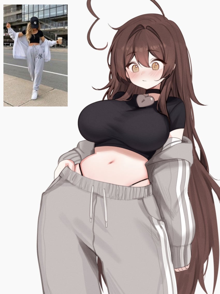 big_breasts brown_eyes brown_hair choker exposed_stomach fully_clothed midriff sky_(skyaboveme) skyaboveme streetwear virtual_youtuber visible_underwear