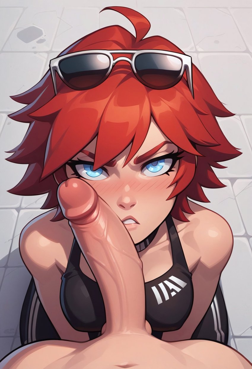 1boy 1girls ai_generated black_sports_bra blue_eyes blush breasts erection eyewear_on_head looking_at_viewer nude original_character penis penis_on_face pov red_hair short_hair solo_focus sports_bra straight sunglasses xiiirockiiix