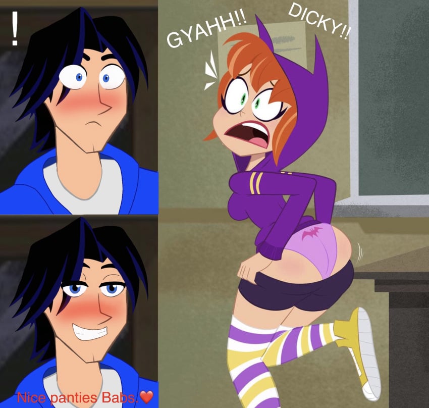 1guy background barbara_gordon batgirl big_ass black_hair dc dc_comics dc_super_hero_boys dc_super_hero_girls dialogue dick_grayson djpaint96-ii female female impressed love male nightwing orange_hair panties shocked_expression symbol toonatti