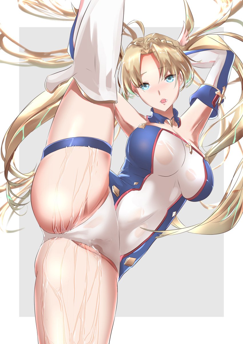 absurdres armpits arms_up ass bad_id bad_pixiv_id bare_shoulders blonde_hair blue_eyes blue_leotard blush bradamante_(fate) braid breasts cleavage crown_braid detached_collar elbow_gloves fate/grand_order fate_(series) female gloves hair_between_eyes highleg highleg_leotard highres large_breasts leg_lift leg_up leotard long_hair looking_at_viewer nakagawa_kanon_(pixiv32798535) open_mouth split standing standing_on_one_leg standing_split thighs twintails two-tone_leotard very_long_hair wet white_leotard