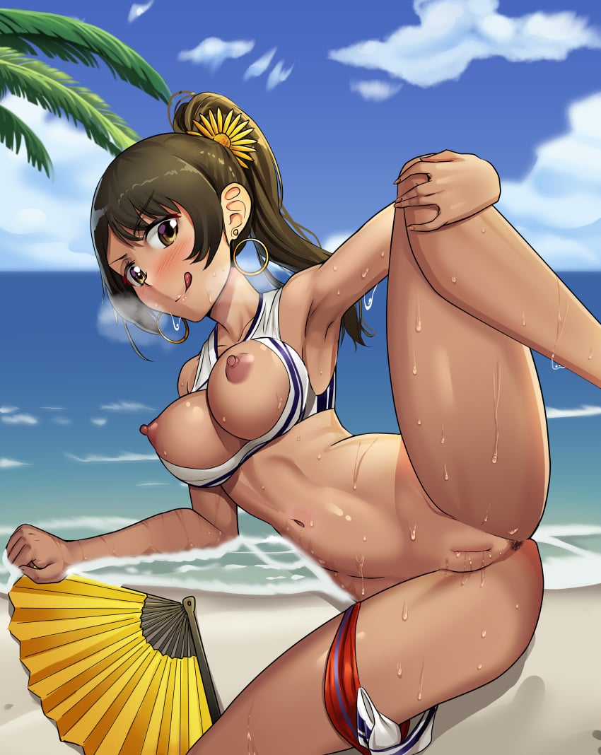 1girls abs absurd_res anus areolae armpits ass beach bikini_top blush breasts breasts_out brown_hair dark-skinned_female dungeon_ni_deai_wo_motomeru_no_wa_machigatteiru_darou_ka earrings erect_nipples fan female female_focus fit_female innie_pussy inviting_to_sex large_breasts laying_on_side lena_tally licking_lips nico-mo nipples one_leg_up panties_around_one_leg ponytail presenting_pussy pussy_juice pussy_juice_drip spread_legs thighs tongue vagina wet yellow_eyes