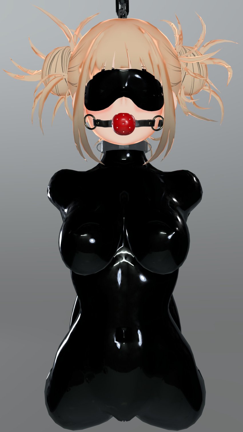 1girls 3d ball_gag blender blindfold blonde_hair bondage clothing handcuffs hanging himiko_toga latex latex_clothing latex_gloves my_hero_academia restrained tight_clothing