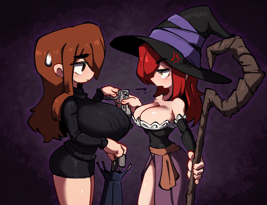 2girls ass bare_legs bare_shoulders big_breasts breasts brown_hair busty detached_sleeves dragon's_crown dress female female_only gun hat holding_object holding_staff huge_breasts jellot long_hair parasoul red_hair skullgirls sorceress_(dragon's_crown) staff swapped_clothes weapon witch_hat