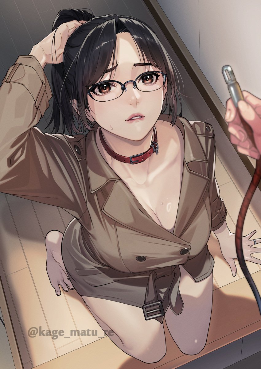 1boy 1girls arm_up barefoot biting_own_lip black-framed_eyewear black_hair breasts brown_coat brown_eyes cleavage coat collar female from_above glasses highres holding_leash indoors kagematsuri kneeling large_breasts leash male naked_coat no_bra no_panties original original_character parted_bangs parted_lips pet_play ponytail pov red_collar sidelocks solo_focus sweat trenchcoat wooden_floor