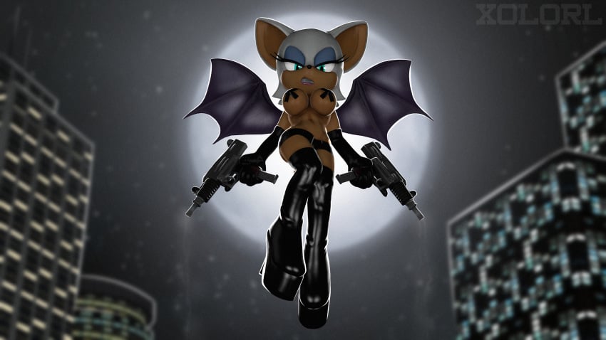 absurd_res anthro bat big_breasts black_clothing black_gloves black_handwear black_legwear black_panties black_underwear boots breasts building clothed clothing duct_tape eyelashes eyeshadow female flying footwear genitals gloves gun handwear hi_res high_boots high_heels holding_object holding_ranged_weapon holding_weapon humanoid legwear light machine_gun makeup mammal moon moonlight night nipple_tape panties pasties pinup pose ranged_weapon rouge_the_bat sega shoes smoking_gun solo sonic_the_hedgehog_(series) submachine_gun tape thigh_highs underwear uzi weapon wings xolotl_59