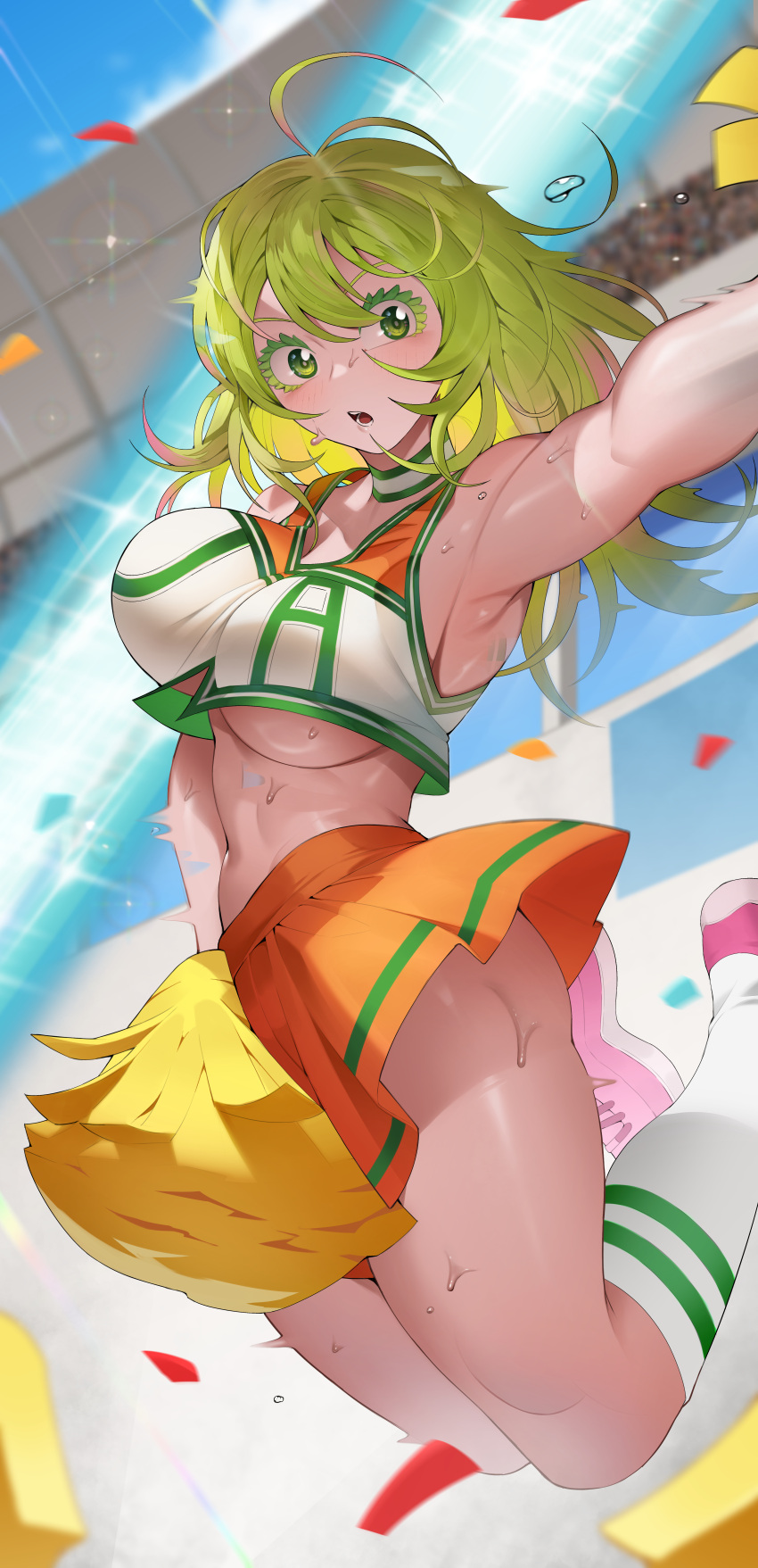 armpits bare_arms bare_belly bare_shoulders belly_button big_breasts blush bouncing_breasts breasts cheerleader choker green_eyes green_hair jumping kopam medium_hair messy_hair my_hero_academia no_bra open_mouth pom_poms shiny_skin shoes skirt sleeveless_shirt socks sweat sweaty_body thighs tooru_hagakure tooru_hagakure_(visible) underboob white_socks