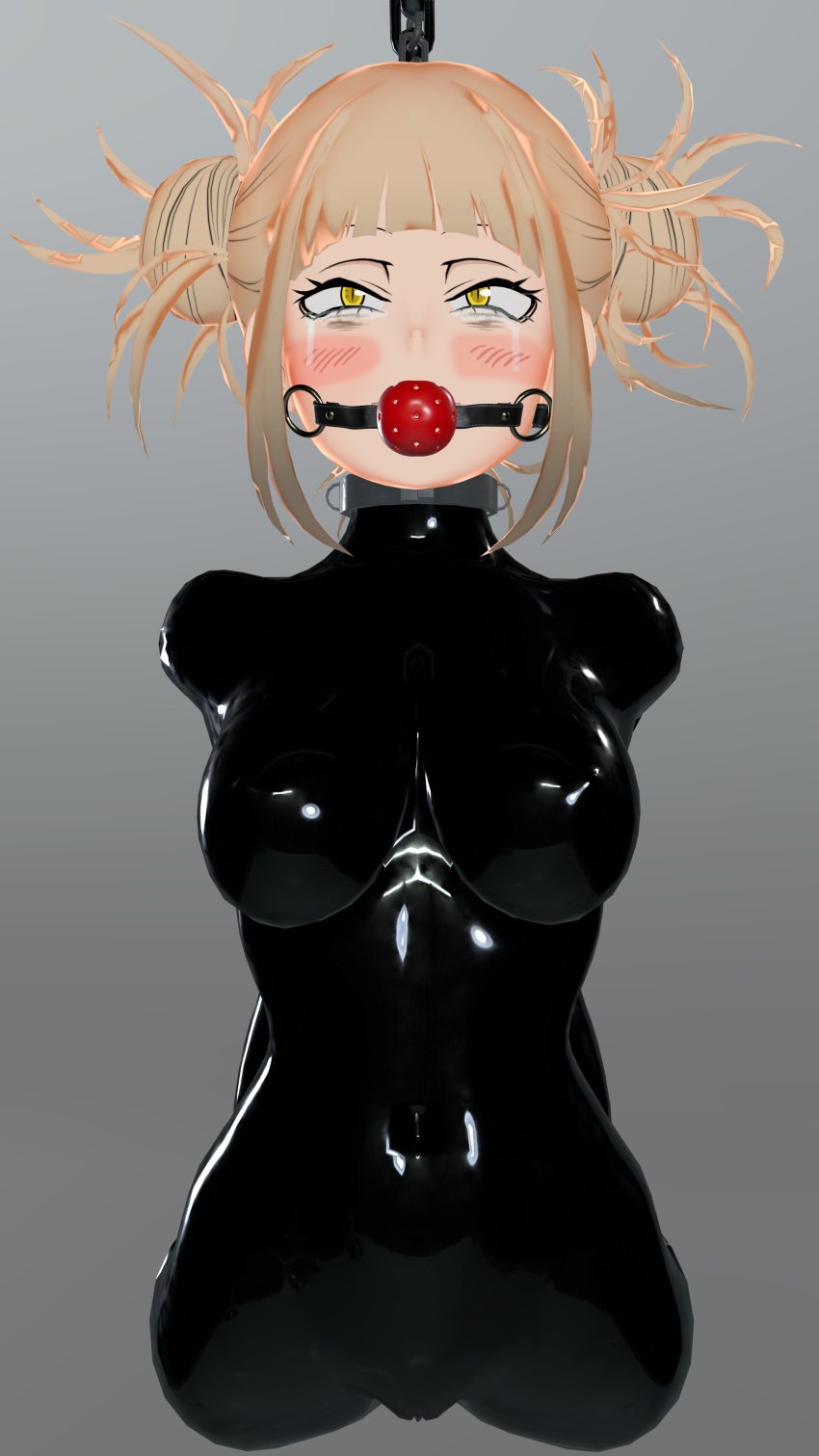 1girls 3d ball_gag blender blonde_hair bondage clothing handcuffs hanging himiko_toga justchilling3d latex latex_clothing latex_gloves my_hero_academia restrained tight_clothing