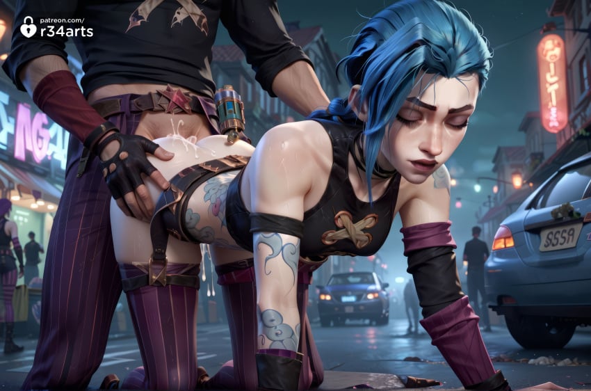 1boy 1boy1girl 1girls 2girls ai_generated all_fours arcane arm_tattoo ass bare_shoulders black_shirt blue_hair braid car closed_eyes cum cum_in_pussy doggy_style fingerless_gloves gloves hi_res jinx_(league_of_legends) league_of_legends long_hair male motor_vehicle multiple_boys multiple_girls netflix night outdoors pants r34arts riot_games sex sex_from_behind solo_focus straight striped_clothes striped_pants tattoo thighhighs twin_braids