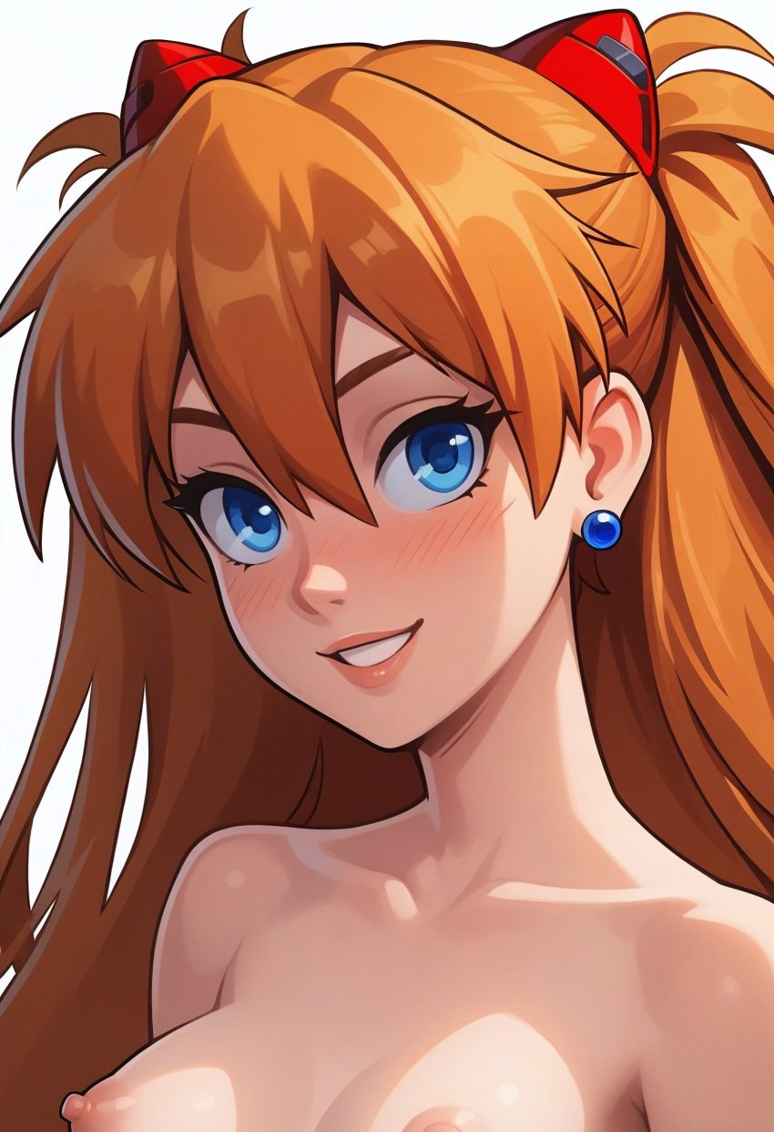 1girls ai_generated asuka_langley_sohryu blue_eyes blush breasts collarbone completely_nude earrings grin hair_between_eyes interface_headset jewelry long_hair looking_at_viewer medium_breasts neon_genesis_evangelion nipples nude orange_hair simple_background smile solo teeth upper_body white_background xiiirockiiix