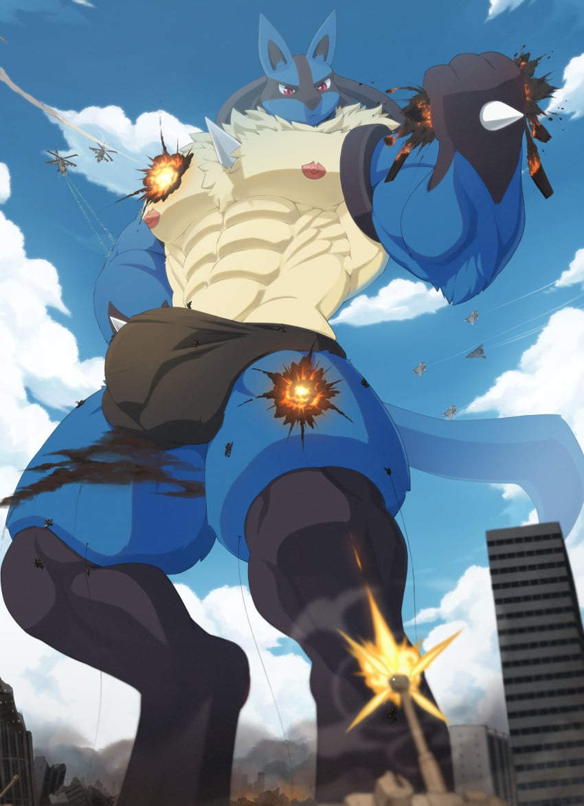 absurd_res aircraft airplane anthro blue_body blue_fur building bulge canid canine city clothing destruction detailed_bulge explosion fur generation_4_pokemon genital_outline helicopter hi_res looming low-angle_view lucario macro male mammal military muscular muscular_male nintendo pokemon pokemon_(species) red_eyes secretz soldier solo speedo swimwear tank vehicle warrior