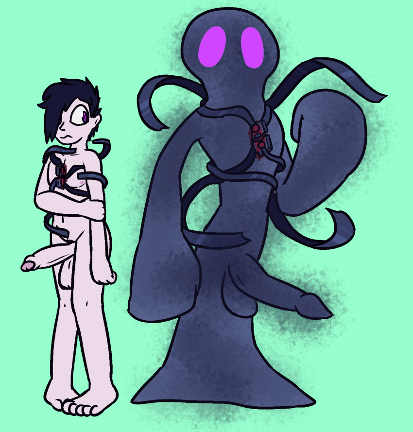 abyscount alph_the_abyscount black_hair cassette_beasts cassette_tape duo fan_character genitals hair hair_over_eye hi_res human male mammal model_sheet non-human nude penis purple_eyes ribbons simple_background toony ultilix unusual_penis