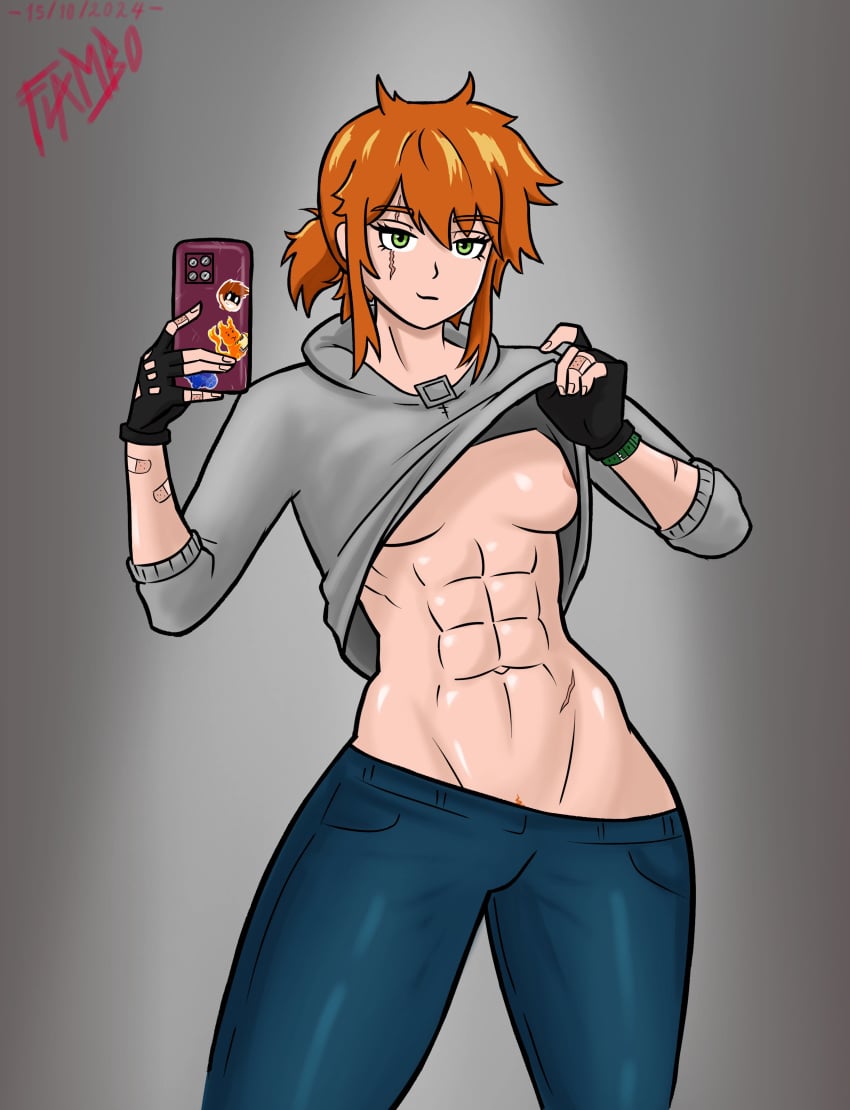 1girls abs ana_leopad bandaid bandaid_on_arm bandaid_on_finger breasts el_diario_de_jonathan female fingerless_gloves flambo010101 gloves green_eyes holding_object hoodie_lift mirror_selfie orange_hair partially_clothed phone ponytail presenting presenting_breasts pubic_hair scar scar_across_eye scar_on_arm scar_on_face selfie short_hair solo solo_female watch