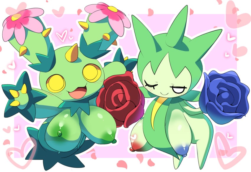 2girls anthro areola areolae big_breasts blue_areola blue_nipples breasts female game_freak green_areola green_nipples green_skin grey_body huge_breasts lets0020 mammal maractus nintendo nipples plant_girl pokémon_(species) pokemon pokemon_(species) red_areola red_nipples roselia sagging_breasts smile