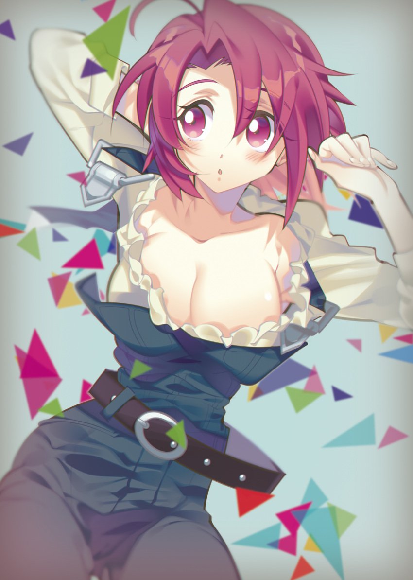 10s absurdres belt blush breasts cleavage cow_girl_(goblin_slayer) female goblin_slayer highres large_breasts long_hair misaka_(missa) open_mouth red_eyes red_hair short_hair solo wardrobe_malfunction