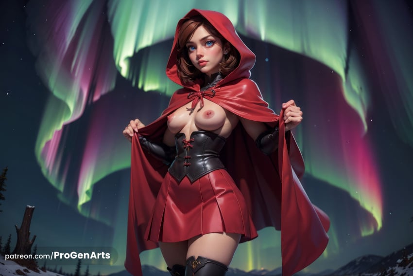 1girls ai_generated artist_name aurora black_thighhighs blue_eyes breasts brown_hair cape cloak corset earrings hi_res hood hood_up hooded_cape hooded_cloak jewelry lips looking_at_viewer medium_breasts night nipple_piercing nipples outdoors parted_lips piercing pleated_skirt progenarts red_cape red_hood red_riding_hood red_skirt short_hair skirt solo thighhighs zettai_ryouiki