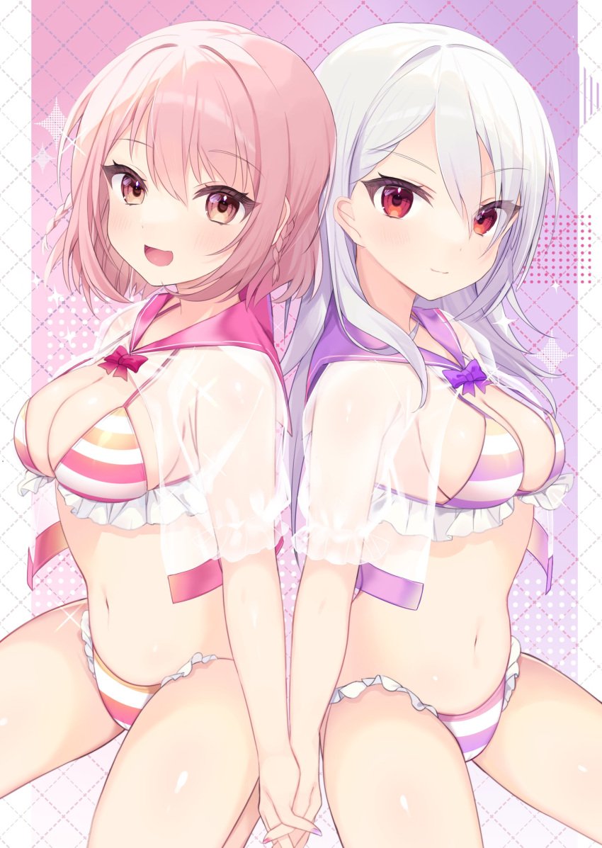 2girls :d bikini gradient_eyes holding_hands light_blush light_smile long_hair looking_at_viewer medium_breasts medium_hair multiple_girls nail_polish painted_nails pink_hair red_eyes striped_bikini white_hair