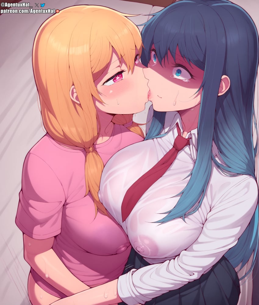 ai_generated blonde_hair blush daughter dripping fucked_from_behind futa_on_female futanari hoshino_ruby incest kissing kurokawa_akane large_breasts lying_on_stomach naked nude open_mouth oshi_no_ko star_eyes sweat yuri