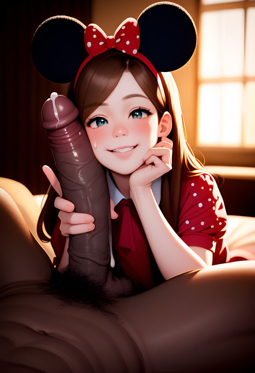 ai_generated big_penis blue_eyes brown_hair cock_worship dark-skinned_male disney gravity_falls interracial light-skinned_female mabel_pines minnie_mouse_(cosplay) veiny_penis