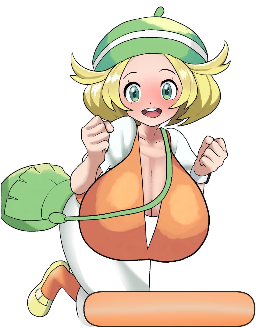 bianca_(pokemon) big_breasts blonde_hair blush breasts_bigger_than_head card_edit cleavage dress edit fists_clenched fully_clothed gigantic_breasts green_eyes hands_up happy hat huge_breasts open_mouth pokemon pokemon_bw purse shirt shoes skirt socks twixbartrix watch