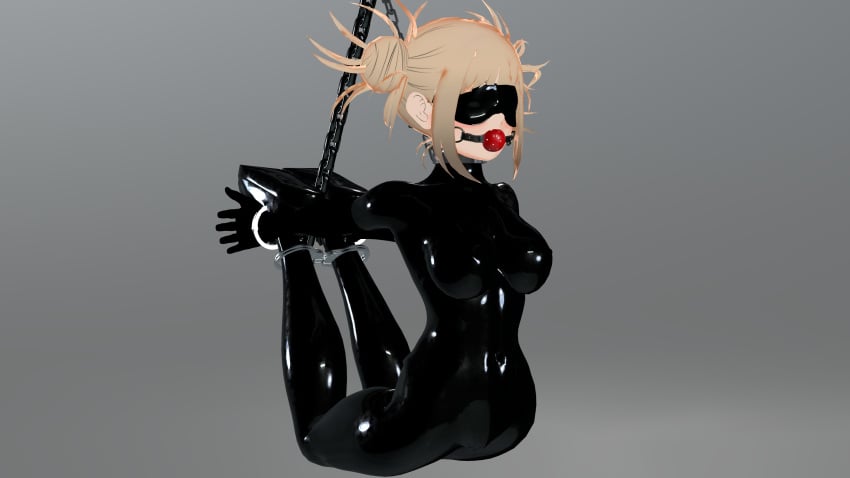 1girls 3d ball_gag blender blindfold blonde_hair bondage clothing handcuffs hanging himiko_toga justchilling3d latex latex_clothing latex_gloves my_hero_academia restrained tight_clothing