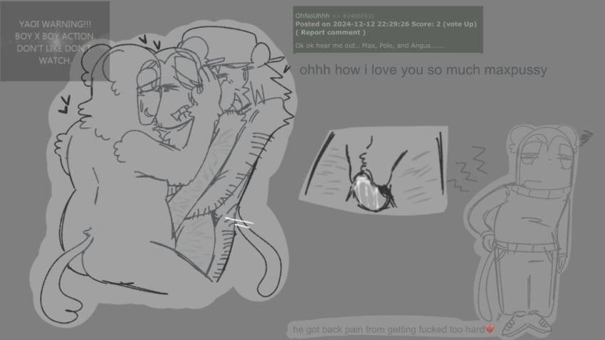 1cuntboy 3boys angus_(max_design_pro) anthro_on_anthro anthro_penetrating arm_hair body_hair brainrot consensual cum_in_pussy cuntboy doodle facial_hair heart intersex leg_hair male_penetrating max_(max_design_pro) max_design_pro maxdesignpro motion_lines polo_(max_design_pro) polyamory request scars_on_arm scars_on_thighs self_harm_scars self_upload selfharm_scars sweatdrop sweating text threesome vaginal_penetration vaginal_sex