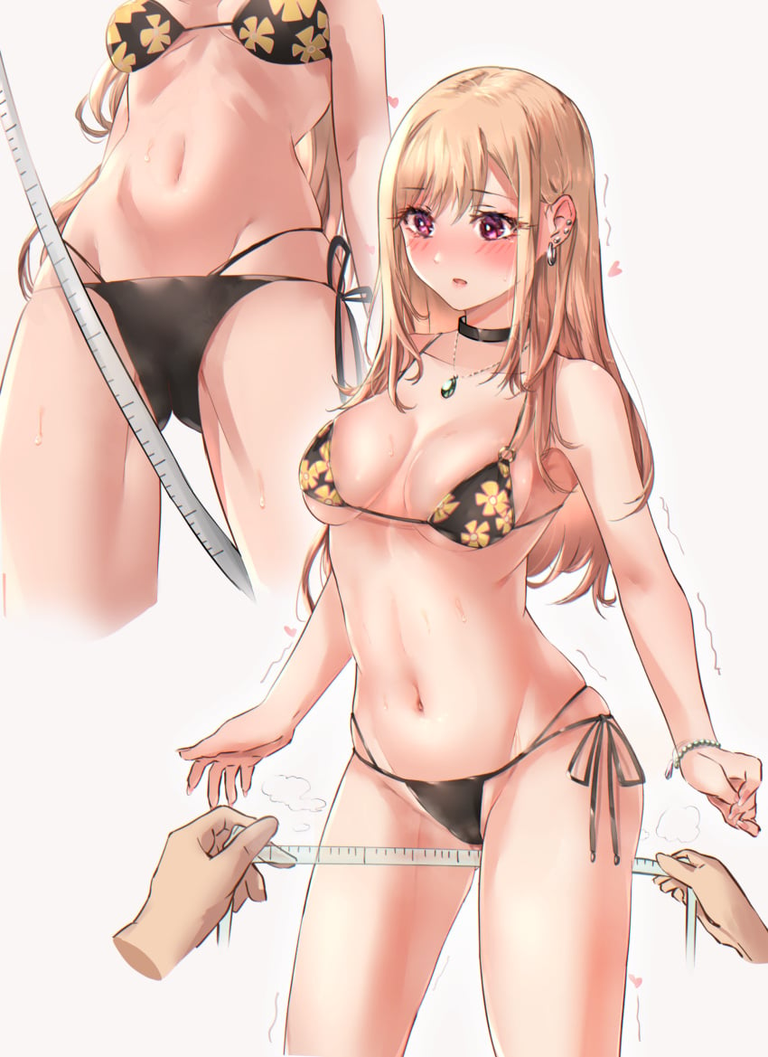 1girls absurdres ass_visible_through_thighs bead_bracelet beads bikini black_bikini black_choker blonde_hair bracelet breasts breasts_apart choker cleavage collarbone ear_piercing earrings female floral_print groin hair_between_eyes halterneck heart highres human inner_thigh_dips jewelry kitagawa_marin long_hair measuring midriff motion_lines multi-strapped_bikini multiple_earrings multiple_views nakagawa_kanon_(pixiv32798535) navel necklace piercing print_bikini purple_eyes ribs side-tie_bikini_bottom sono_bisque_doll_wa_koi_wo_suru steam stomach string_bikini sweat swimsuit tape_measure thighs trembling