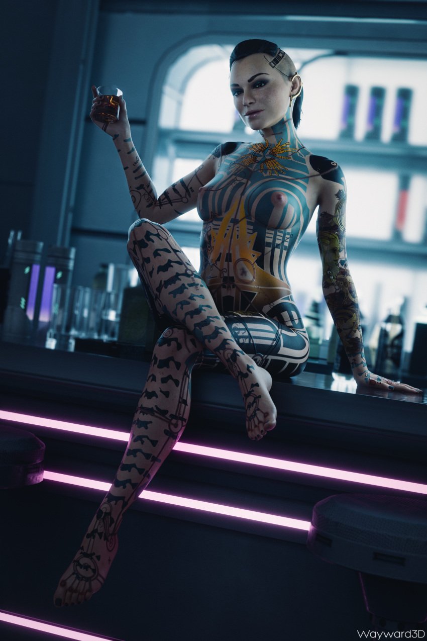 1girls 3d bioware breasts drink drinking feet female female_only jack_(mass_effect) looking_at_viewer mass_effect nude shaved_sides sitting solo solo_female tattoo tattoos toes waywardsfm