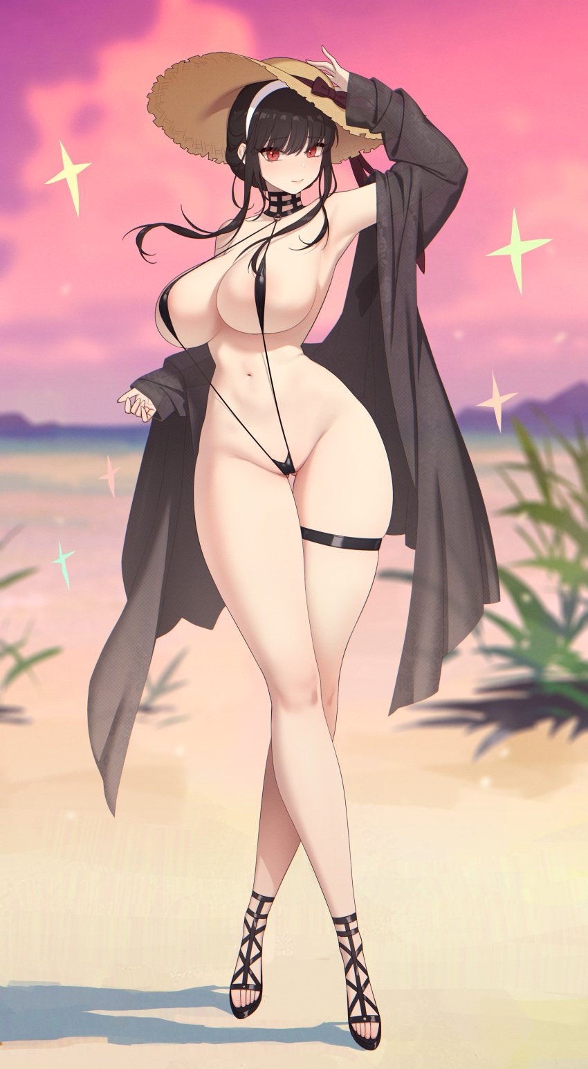 1girls absurdres areola_slip bare_shoulders beach big_breasts black_choker black_hair blush breasts choker closed_mouth female full_body gluteal_fold hair_between_eyes hat high_heels highres huge_breasts jacket jewelry long_hair looking_at_viewer navel ocean open_clothes outdoors red_eyes rekaerb_maerd sandals sky slingshot_swimsuit smile solo spy_x_family standing stomach straw_hat sun_hat swimsuit thigh_strap thighs very_long_hair yor_briar yor_forger