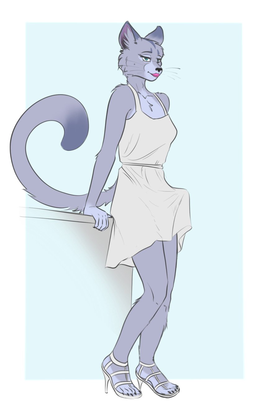 1futa 5_toes anthro clothed clothed_intersex clothing domestic_cat dress erection erection_under_clothing feet felid feline felis footwear futanari hi_res high_heels humanoid_feet intersex lips lipstick makeup mammal plantigrade russian_blue shoes solo stella_simons toes xleb0rezka