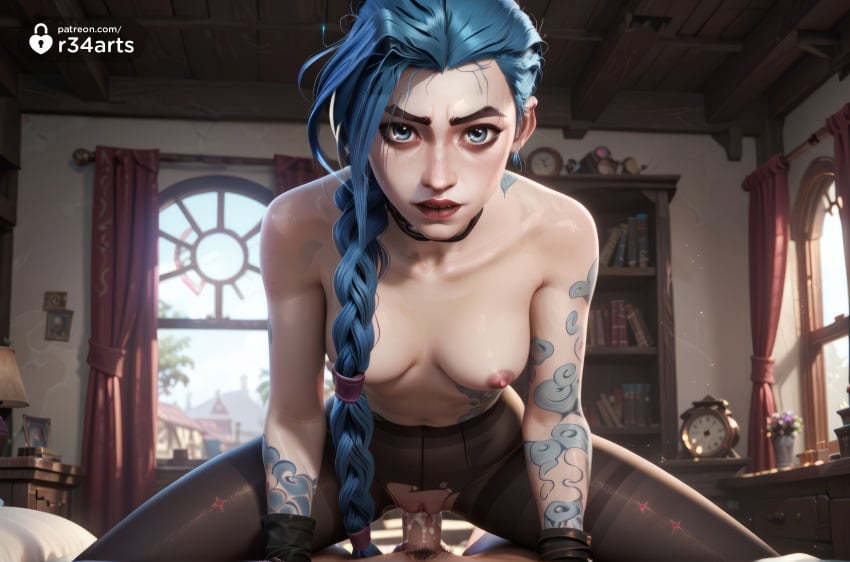 1boy 1boy1girl 1girls ai_generated arcane arm_tattoo artist_name bed bedroom biting_own_lip black_pantyhose blue_eyes blue_hair book bookshelf braid breasts choker clock collarbone cowgirl_position cowgirl_position cum cum_in_pussy curtains day earrings gloves hi_res indoors jewelry jinx_(league_of_legends) league_of_legends lips long_hair looking_at_viewer makeup medium_breasts navel netflix nipples pantyhose penis pov pussy r34arts riot_games sex small_breasts solo_focus spread_legs straddling straight tattoo thighband_pantyhose topless torn_clothes torn_pantyhose twitter_logo uncensored vaginal_penetration vaginal_penetration vaginal_sex window