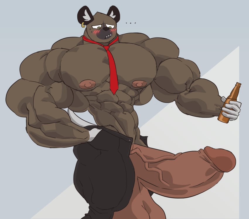 abs aggretsuko balls barazoku beer_bottle biceps big_balls big_muscles big_penis blush bottle container ear_piercing erection genitals haida_(aggretsuko) hand_in_pocket hi_res huge_balls huge_cock huge_muscles hyena hyper hyper_balls hyper_genitalia hyper_muscles hyper_penis male male_focus mammal muscular muscular_arms muscular_legs muscular_male muscular_thighs nipples pecs penis piercing pockets remert sanrio solo thick_thighs vein veiny_penis