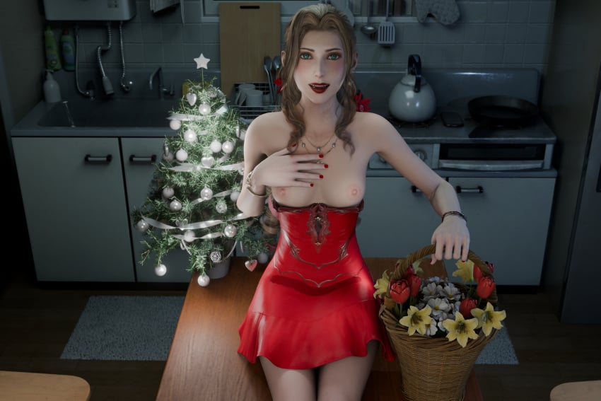 1girls 3d aerith_gainsborough areolae bare_breasts blender brown_hair christmas_tree enigmaj female_focus female_only final_fantasy final_fantasy_vii final_fantasy_vii_remake flower flower_basket hand_on_chest light-skinned_female looking_at_viewer nipples no_bra red_dress red_fingernails red_lipstick sitting_on_table solo_female