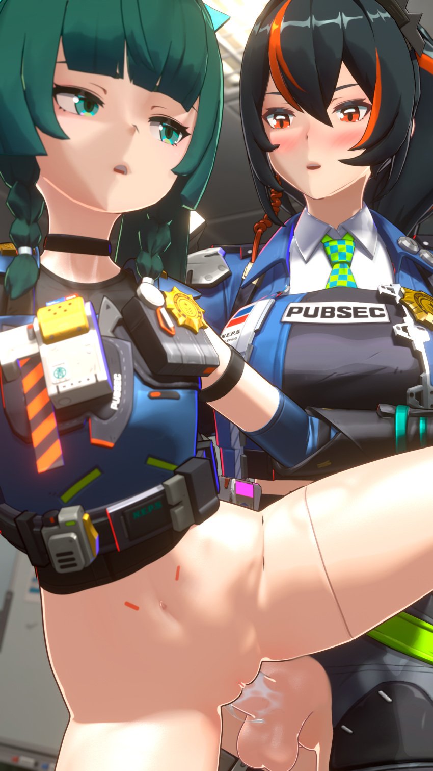 2girls 3d 3d_(artwork) android black_hair blender blush futanari green_eyes green_hair hoyoverse kaikibooo long_hair mihoyo multicolored_hair orange_eyes penis qingyi_(zenless_zone_zero) sex standing uncensored zenless_zone_zero zhu_yuan