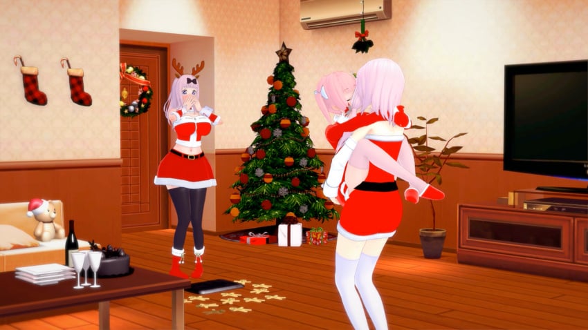 carrying_partner christmas fujiwara_chika fujiwara_moeha fujiwara_toyomi incest kaguya-sama_wa_kokurasetai_~tensai-tachi_no_renai_zunousen~ kissing koikatsu mistletoe pink_hair sisters surprised yuri