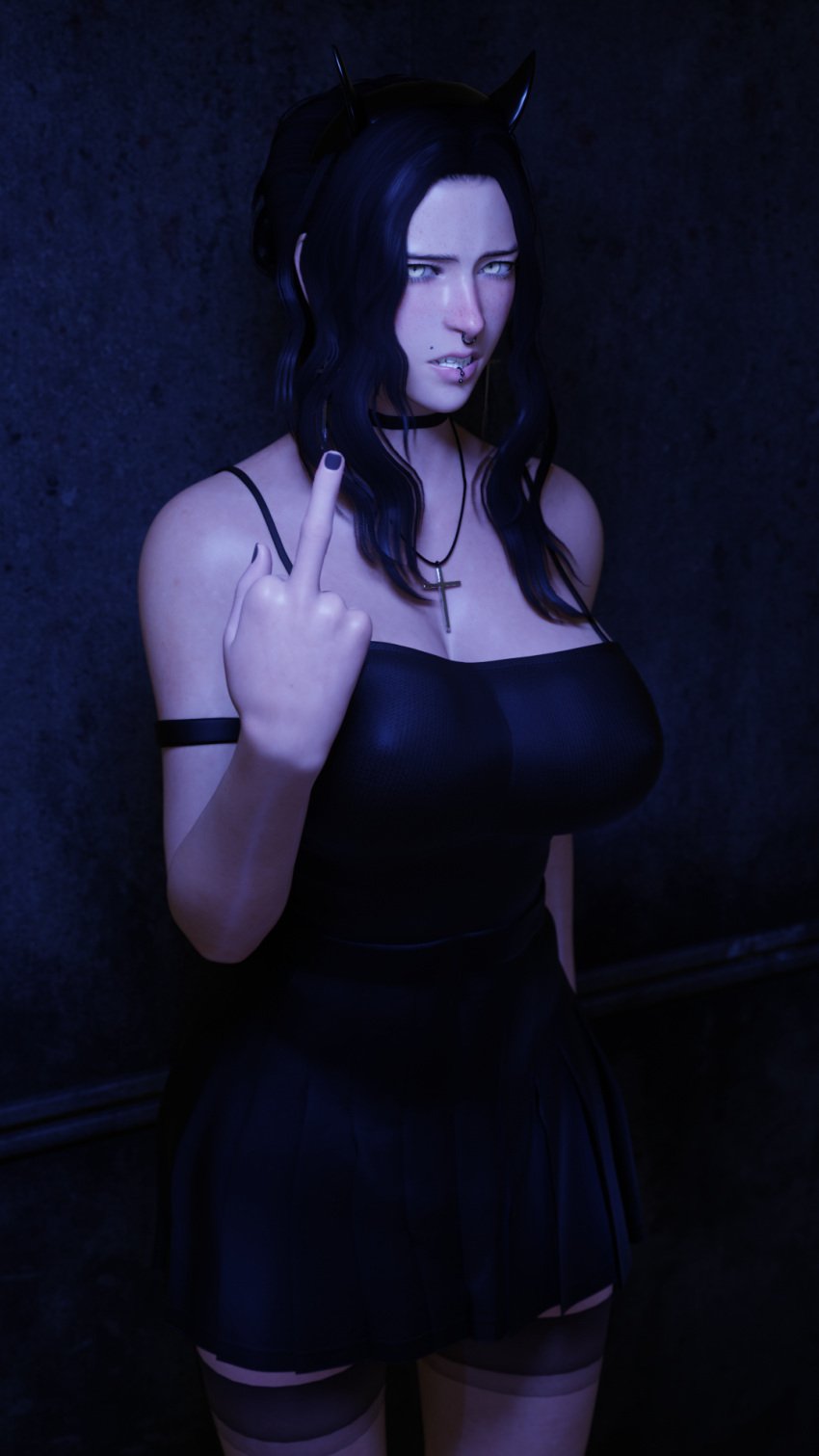 1girls 3d 3d_(artwork) annoyed annoyed_expression black_choker black_hair black_headwear black_horns black_skirt black_tank_top blender blender_eevee cat_eyes choker cross_earrings cross_necklace english_text female female_only flipping_off fully_clothed glasses goth hair_bun headband horns huge_breasts lady_x_(osimai) looking_at_viewer middle_finger night nose_piercing nose_ring original_character osimai pleated_skirt skirt solo solo_female tank_top text vampire_teeth wavy_hair yellow_eyes